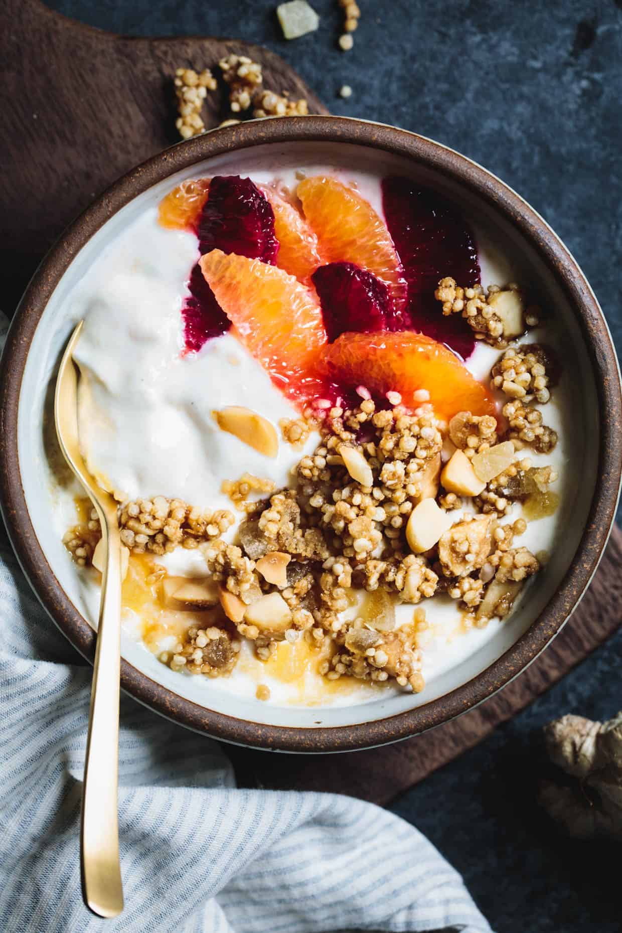 Puffed Quinoa Crumble with Macadamia and Candied Ginger Yogurt Topping