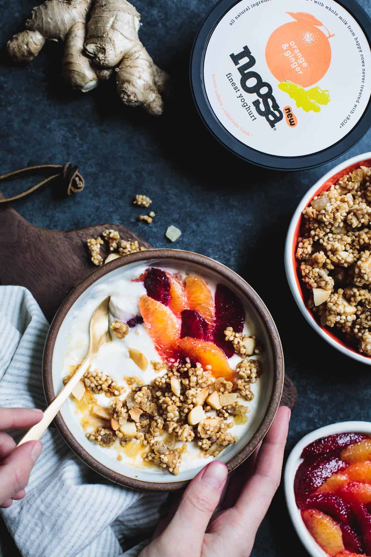 Puffed Quinoa Crumble with Macadamia and Candied Ginger Yogurt Topping