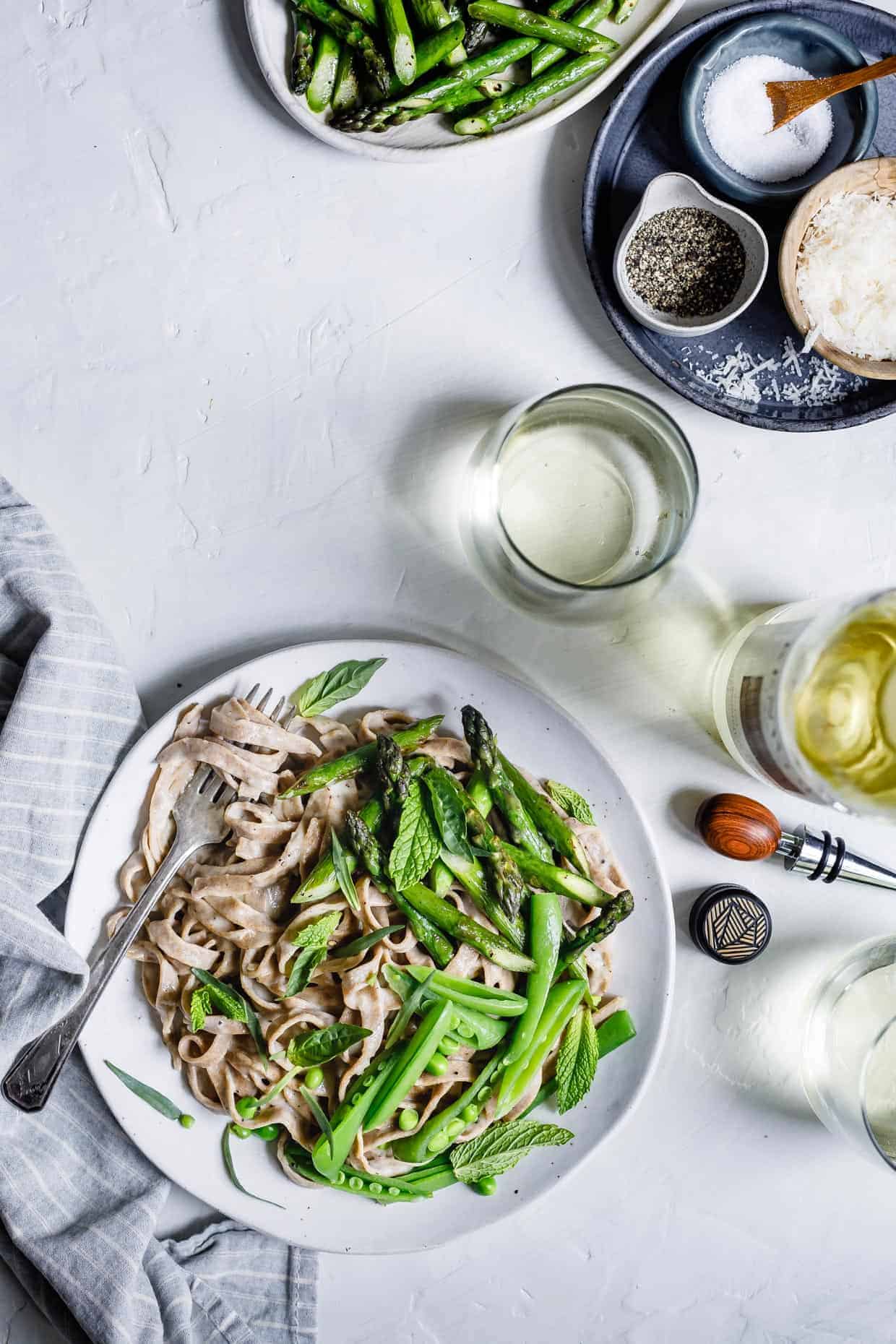 Almond Milk Fettuccine Alfredo with Spring Veggies & Herbs