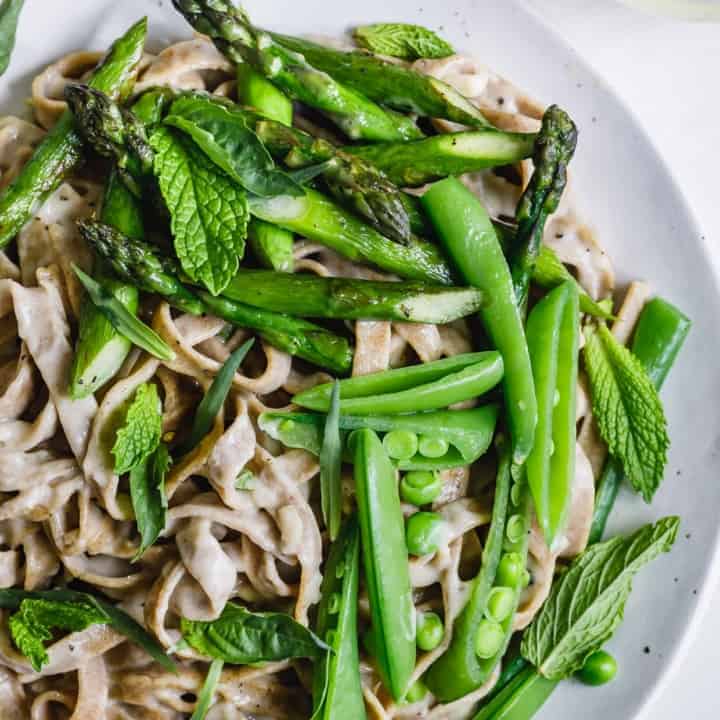 Almond Milk Fettuccine Alfredo with Spring Veggies & Herbs