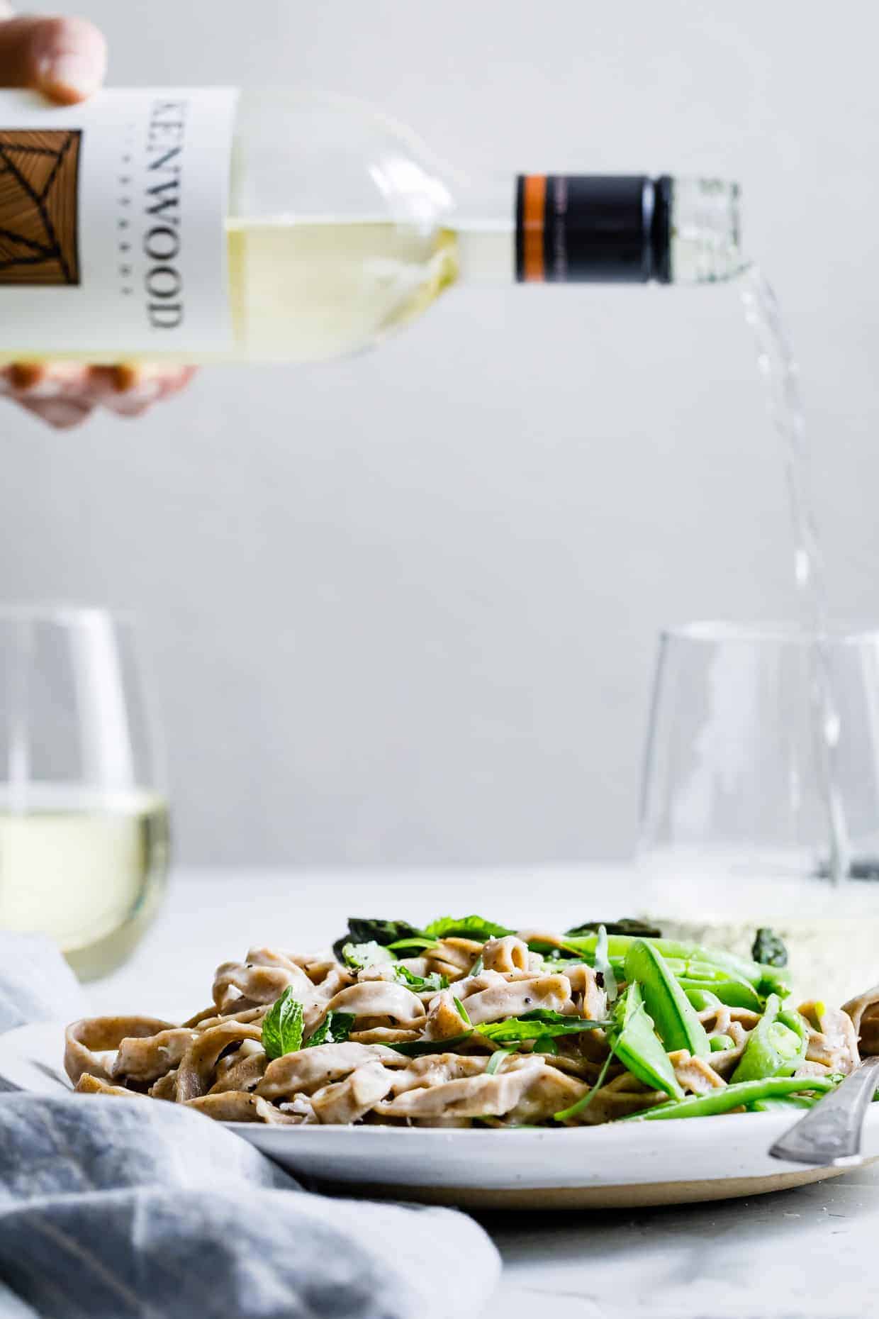 Almond Milk Fettuccine Alfredo with Spring Veggies & Herbs