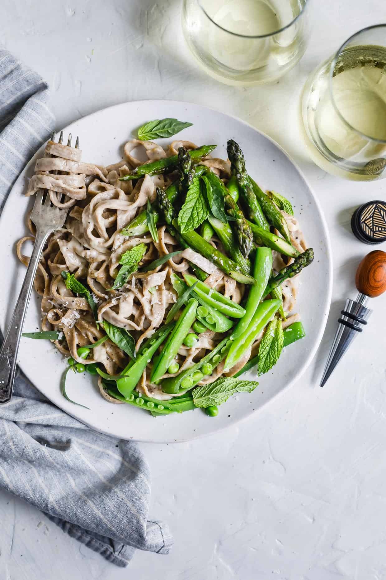 almond milk fettuccine alfredo with spring veggies & herbs