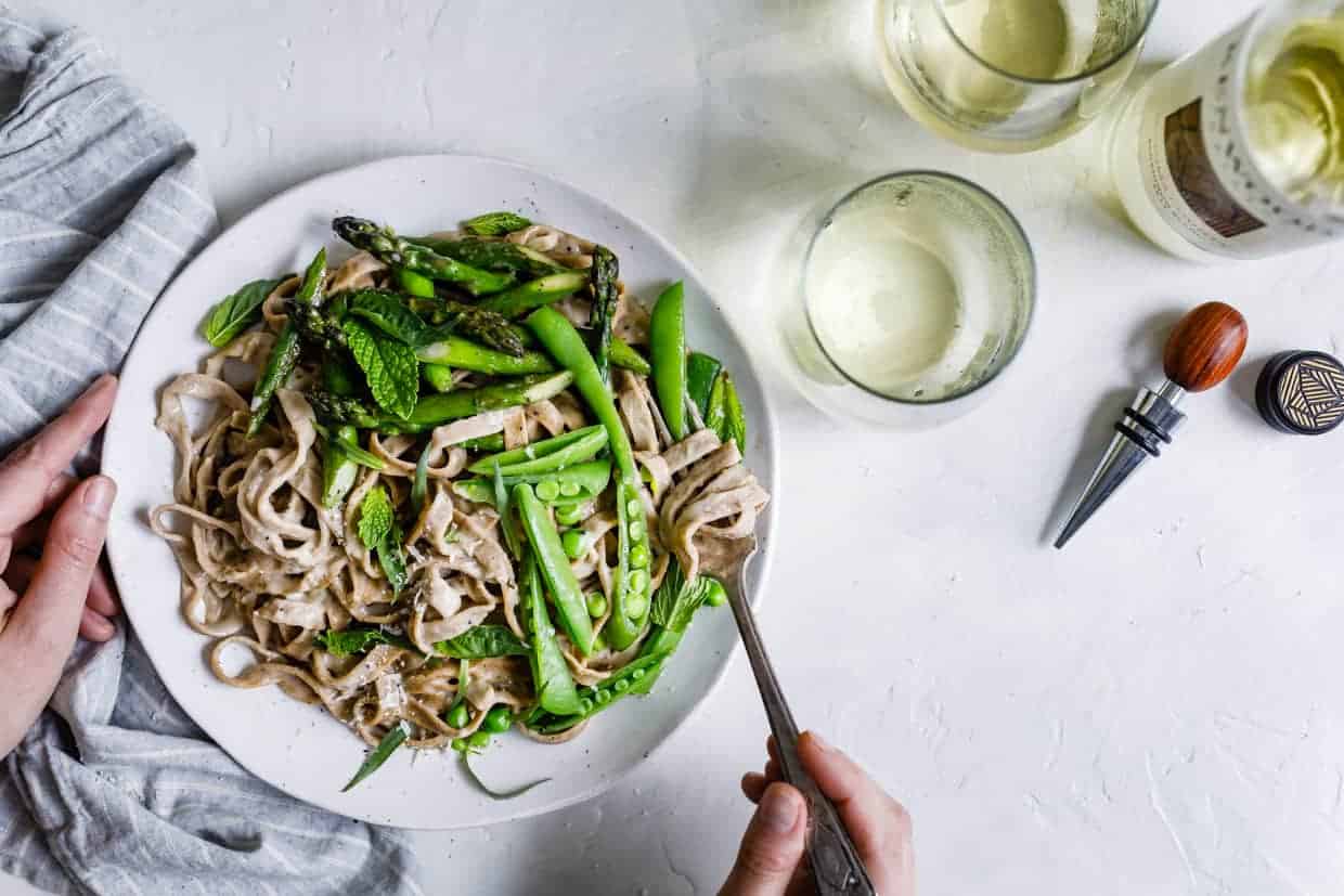 Almond Milk Fettuccine Alfredo with Spring Veggies & Herbs