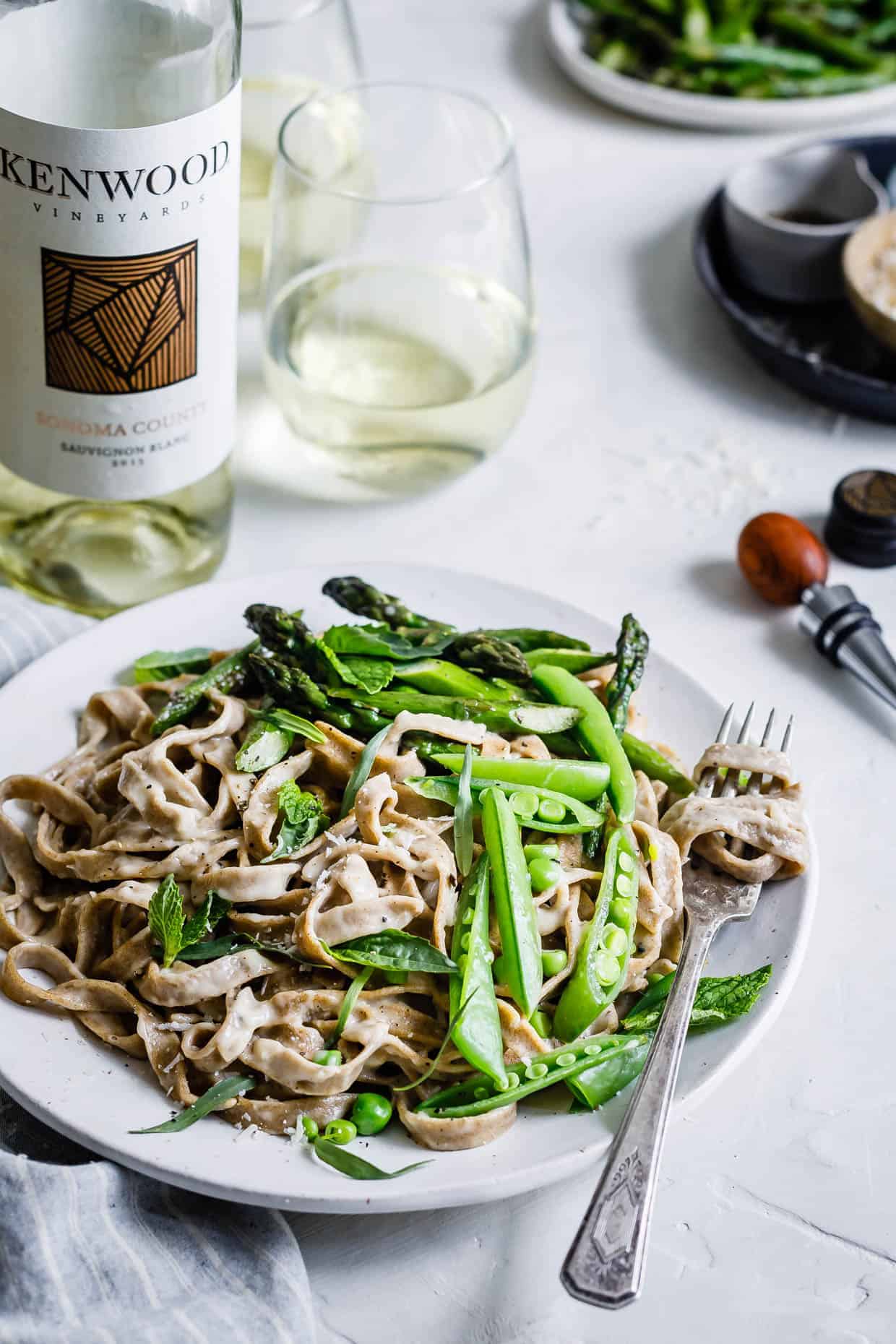 Almond Milk Fettuccine Alfredo with Spring Veggies & Herbs