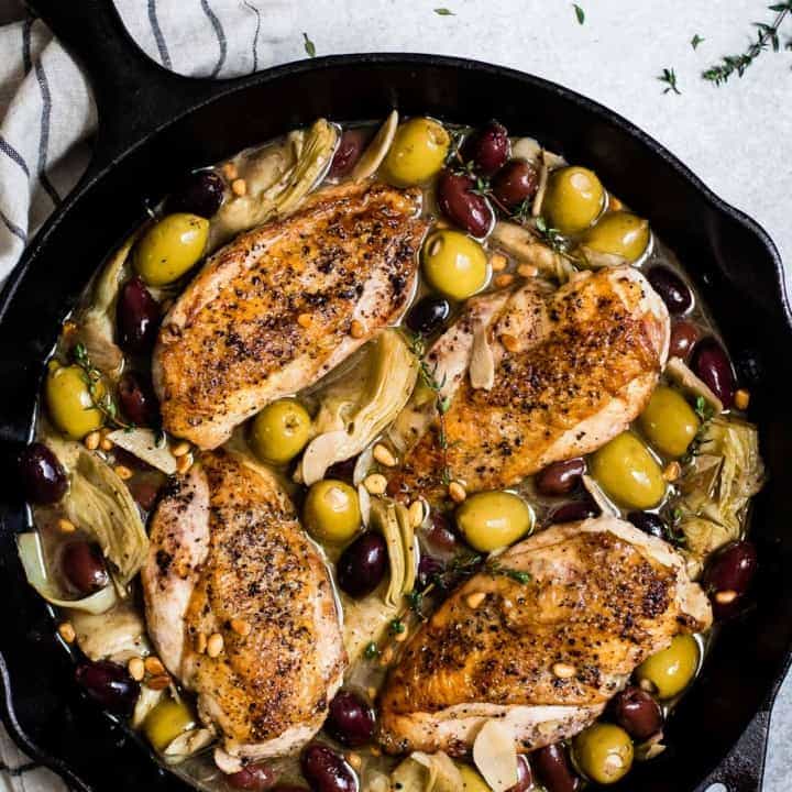 Garlic White Wine Skillet Chicken with Artichoke & Olives