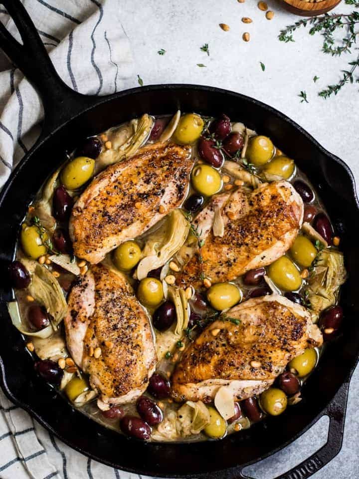 Garlic White Wine Skillet Chicken with Artichoke & Olives