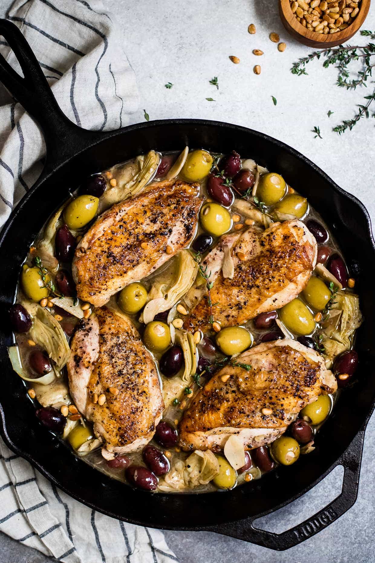 Garlic White Wine Skillet Chicken with Artichoke & Olives