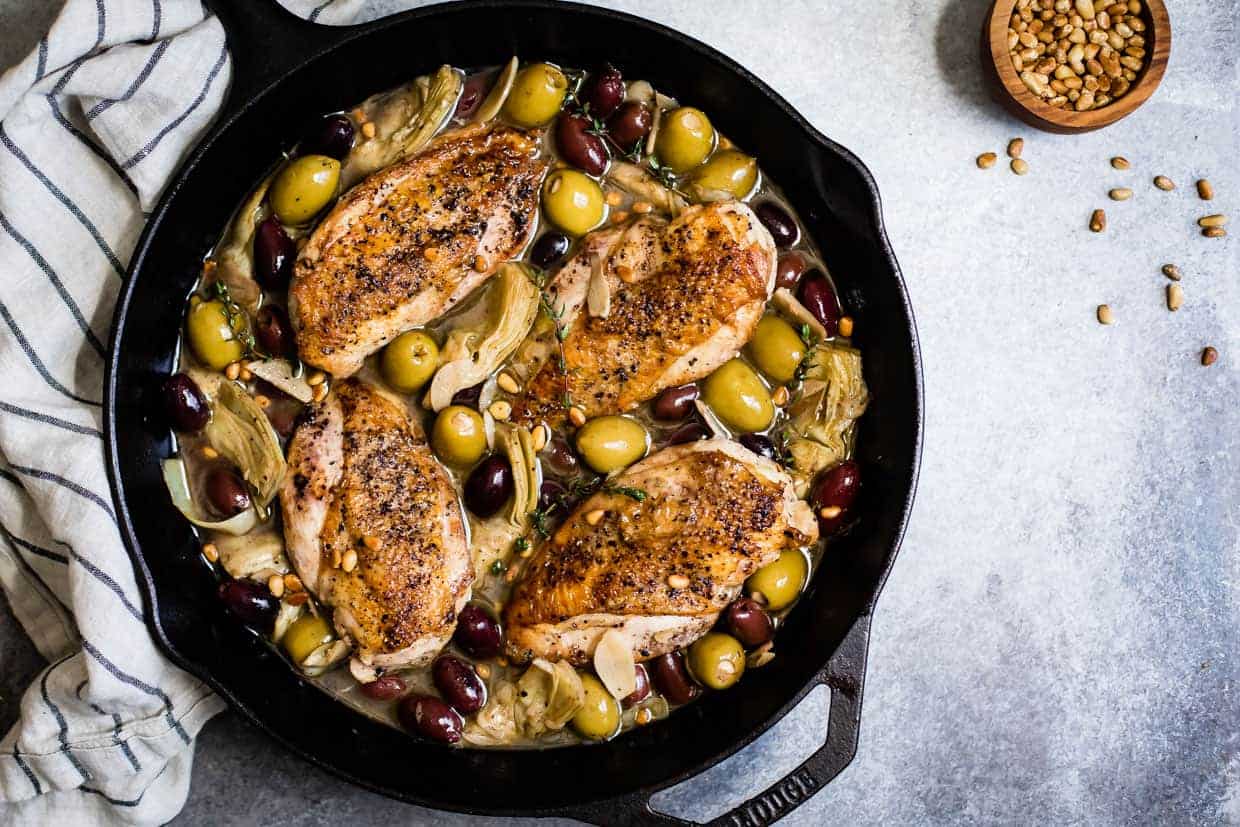 Garlic White Wine Skillet Chicken with Artichoke & Olives