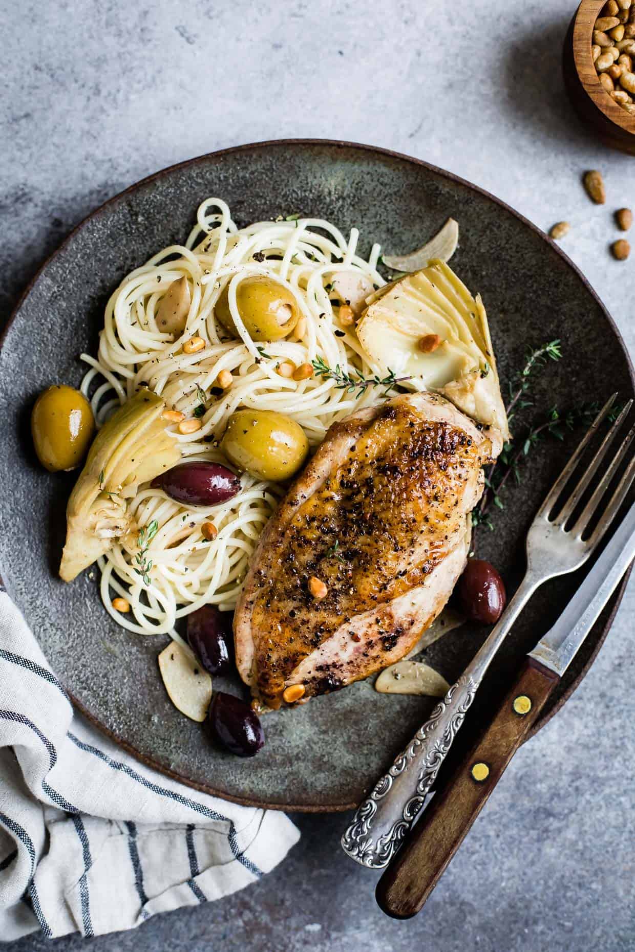 Garlic White Wine Skillet Chicken with Artichoke & Olives