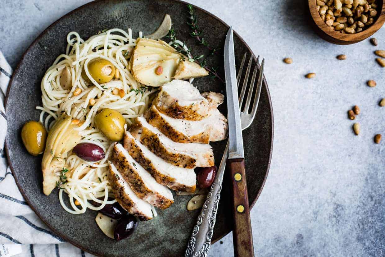 Garlic White Wine Skillet Chicken with Artichoke & Olives