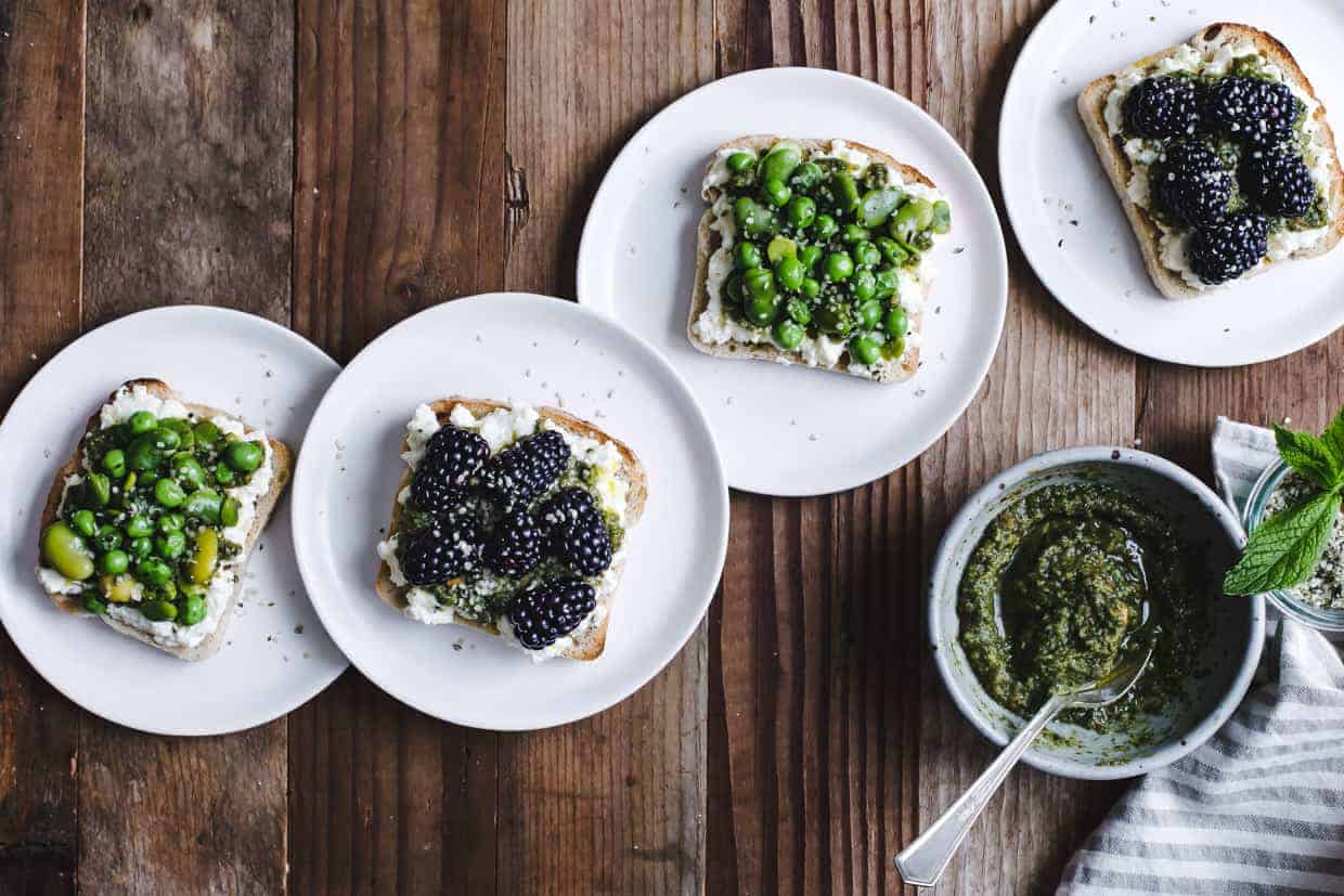 Roasted Lemon Mint Pesto & Ricotta Tartines, Two Ways