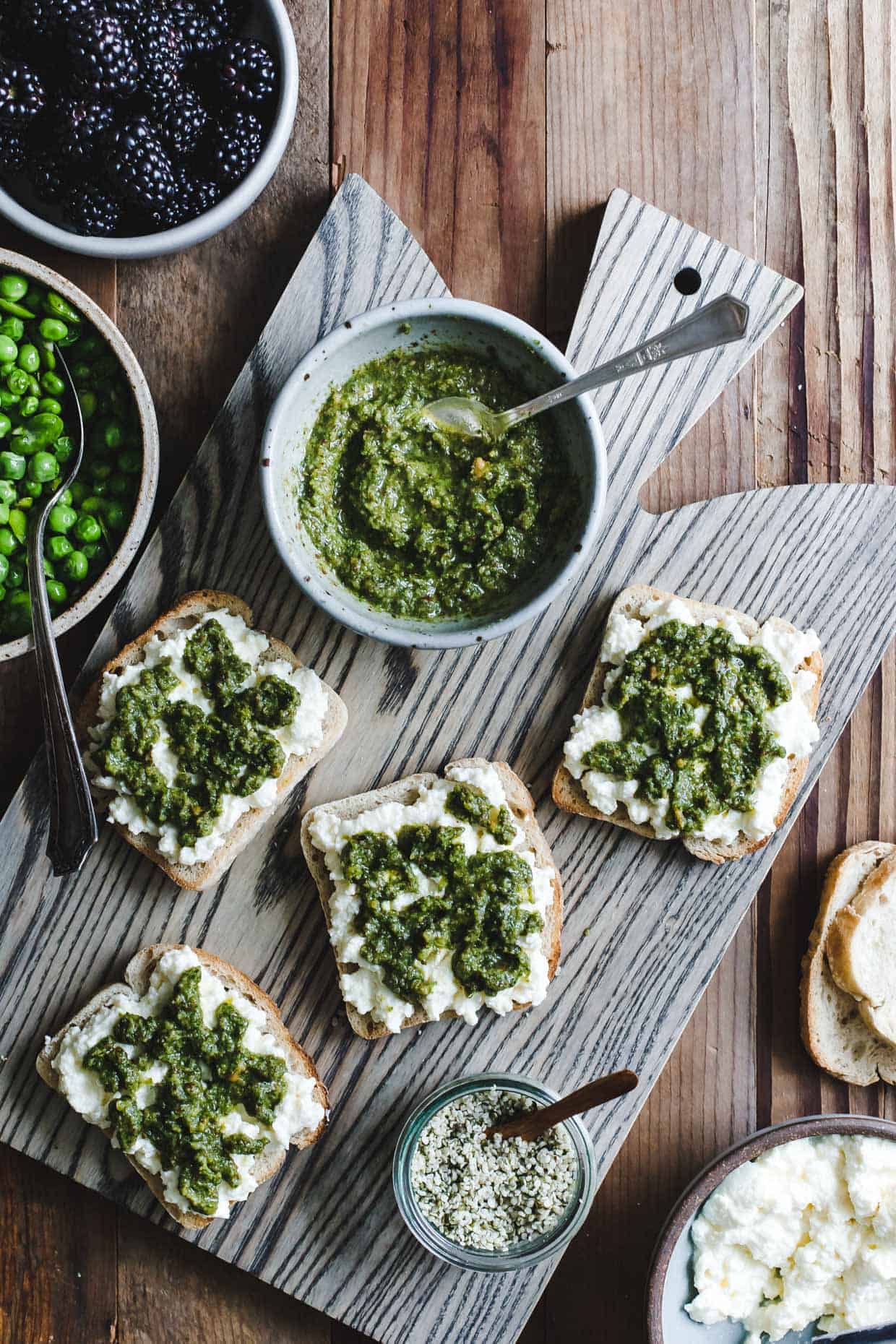 Roasted Lemon Mint Pesto & Ricotta Tartines, Two Ways