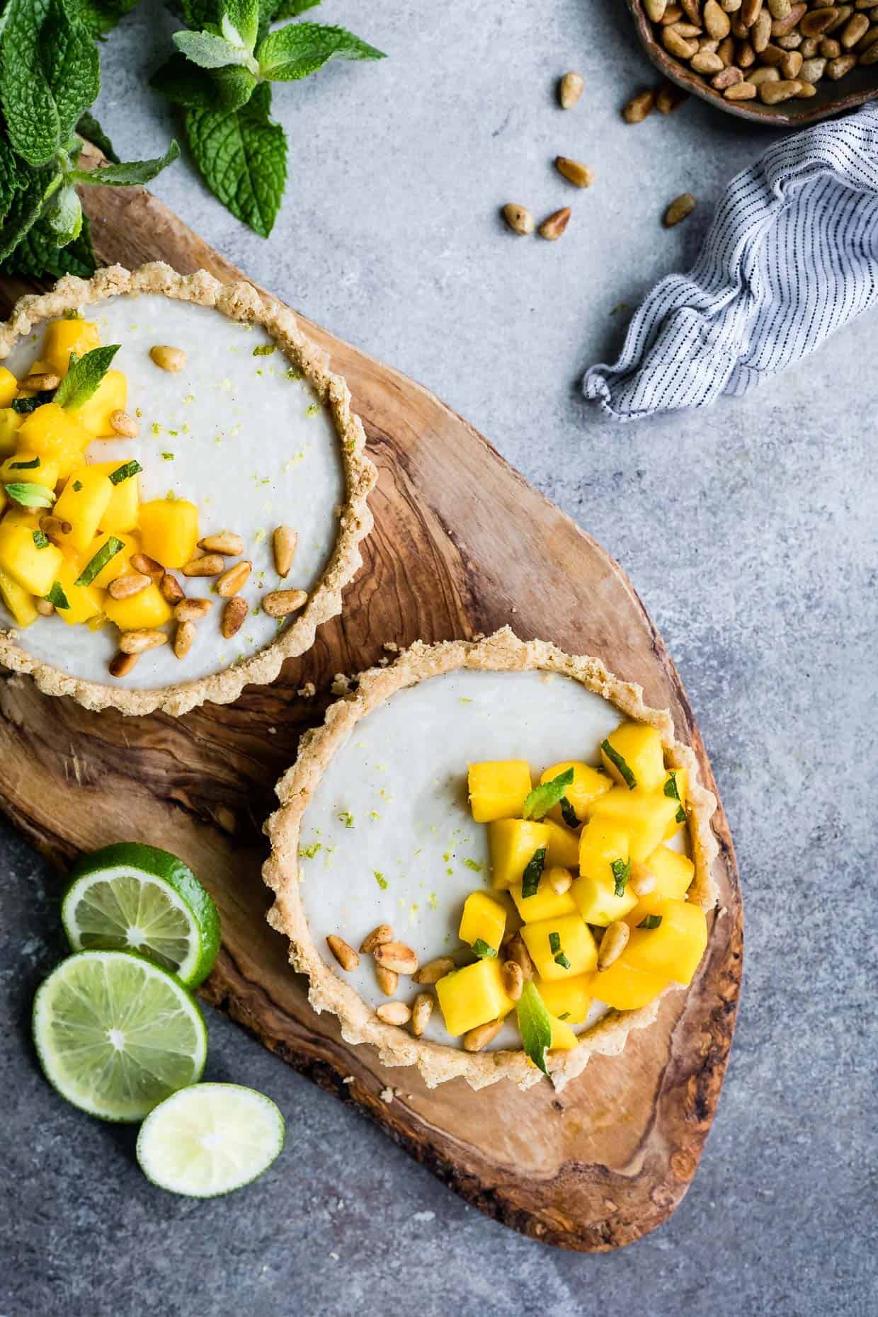 Mint Mango Haupia Tarts with Pine Nut Crust