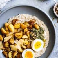 Cheesy Savory Oatmeal with Crispy Potatoes & Pesto