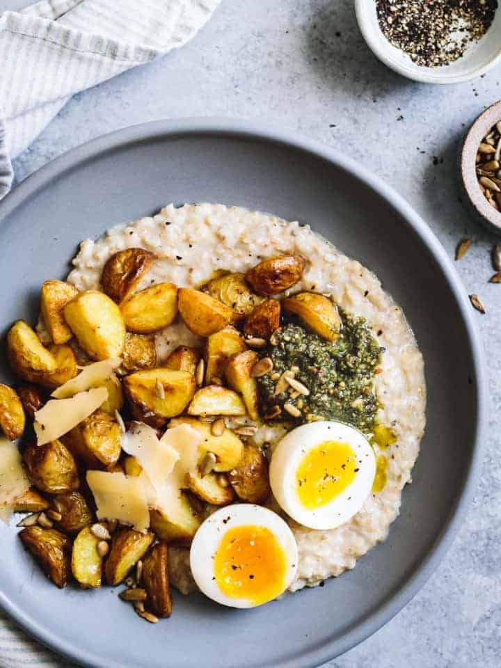 Cheesy Savory Oatmeal with Crispy Potatoes & Pesto