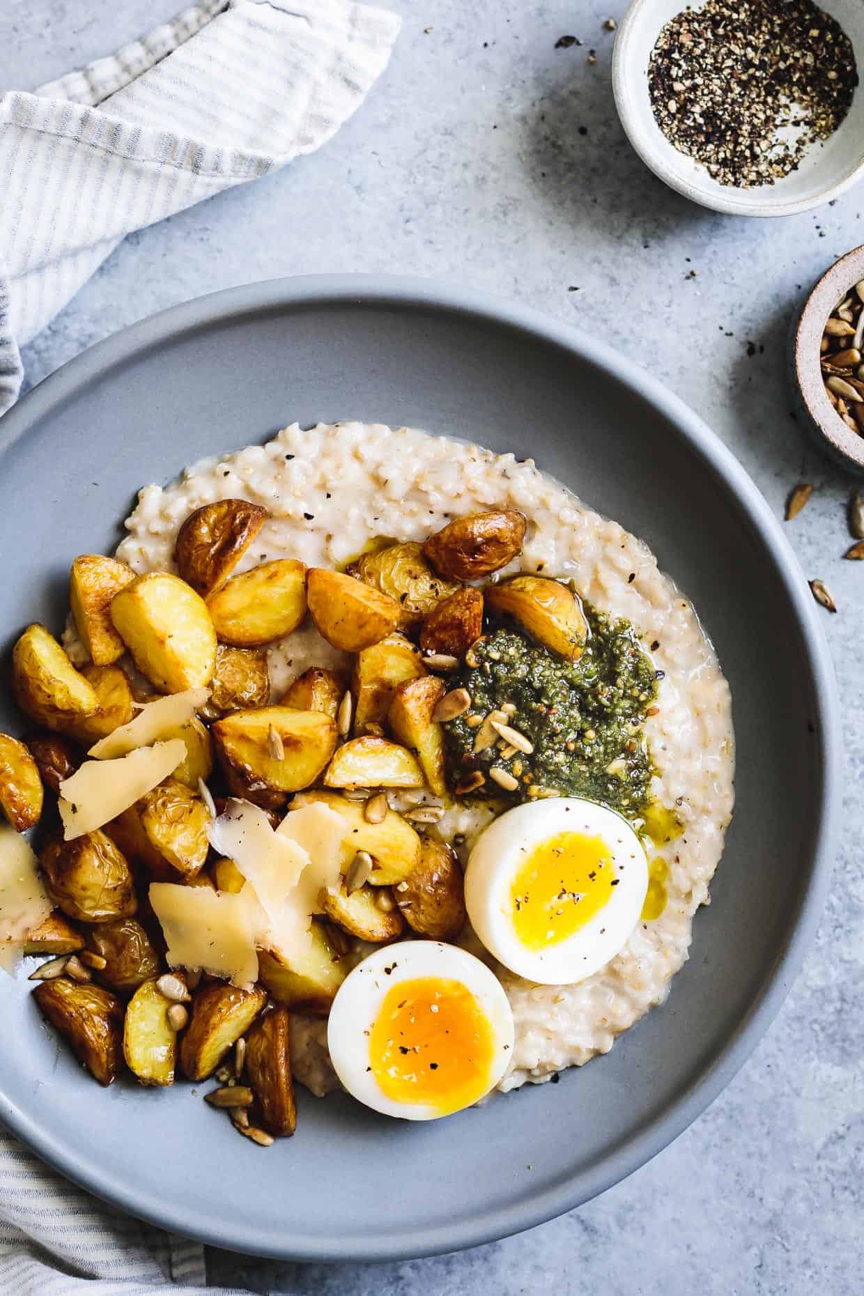 Cheesy Savory Oatmeal with Crispy Potatoes & Pesto