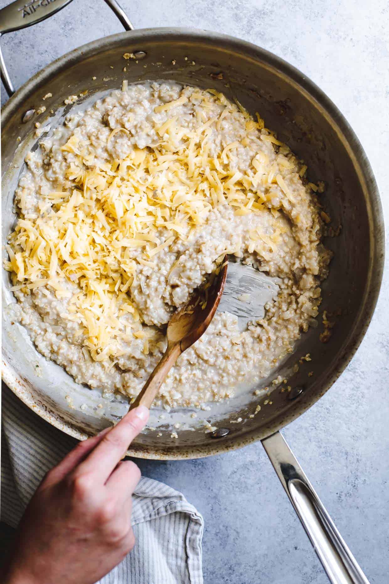 Cheesy Savory Oatmeal with Crispy Potatoes & Pesto