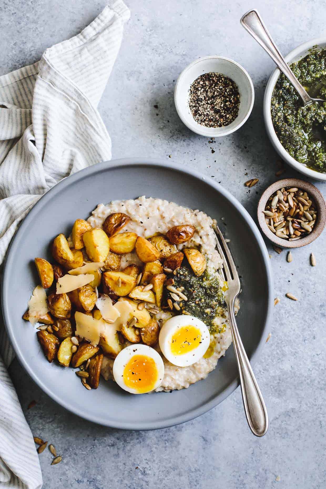 Cheesy Savory Oatmeal with Crispy Potatoes & Pesto