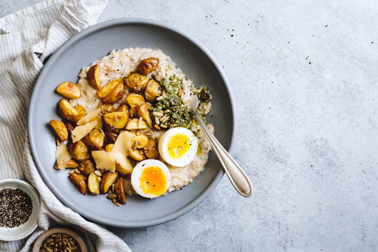 Cheesy Savory Oatmeal with Crispy Potatoes & Pesto