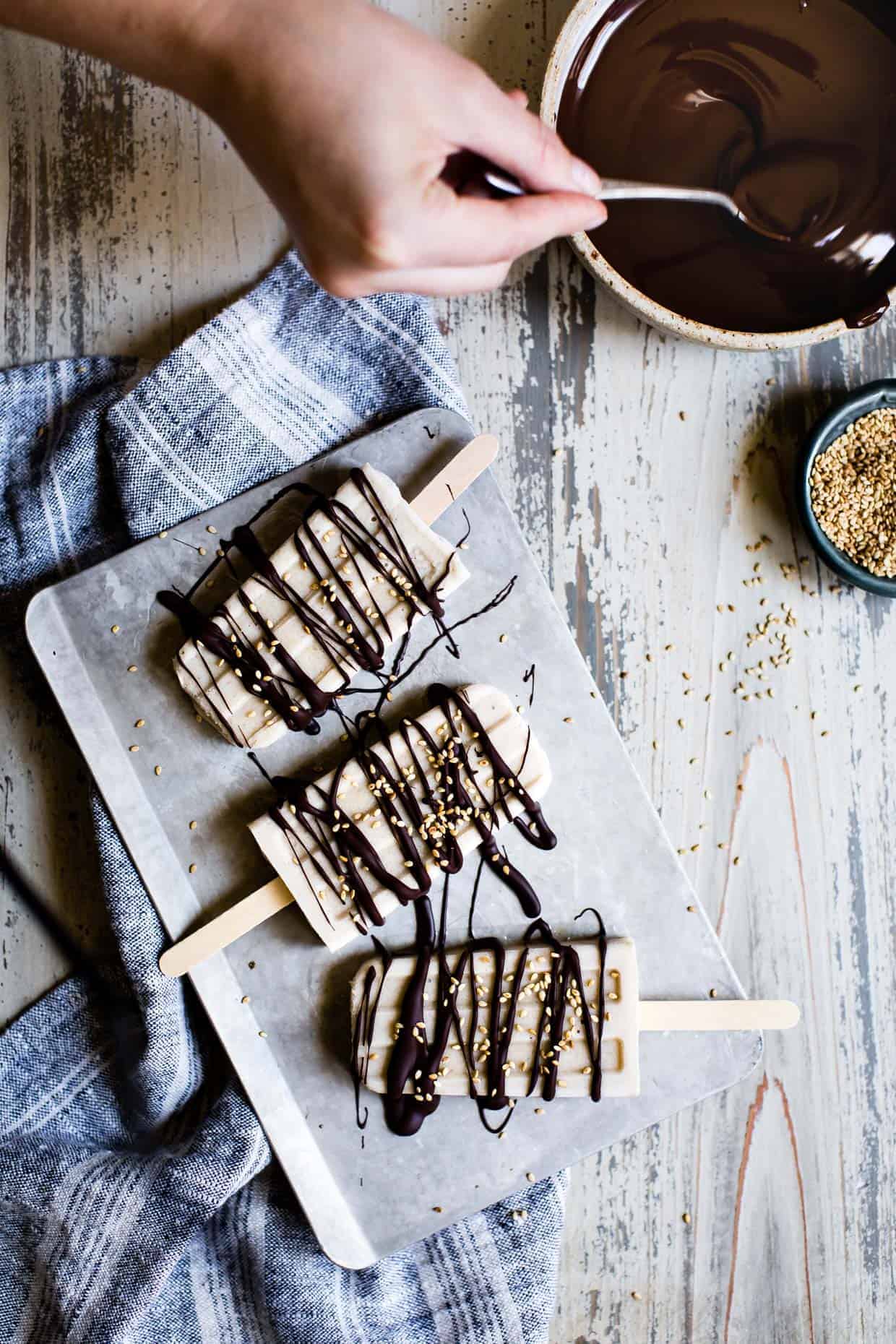 Banana Tahini Popsicles with Chocolate Drizzle