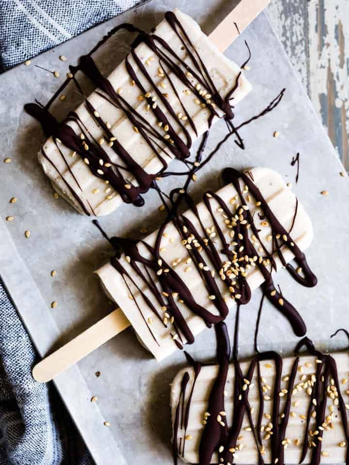 Banana Tahini Popsicles with Chocolate Drizzle