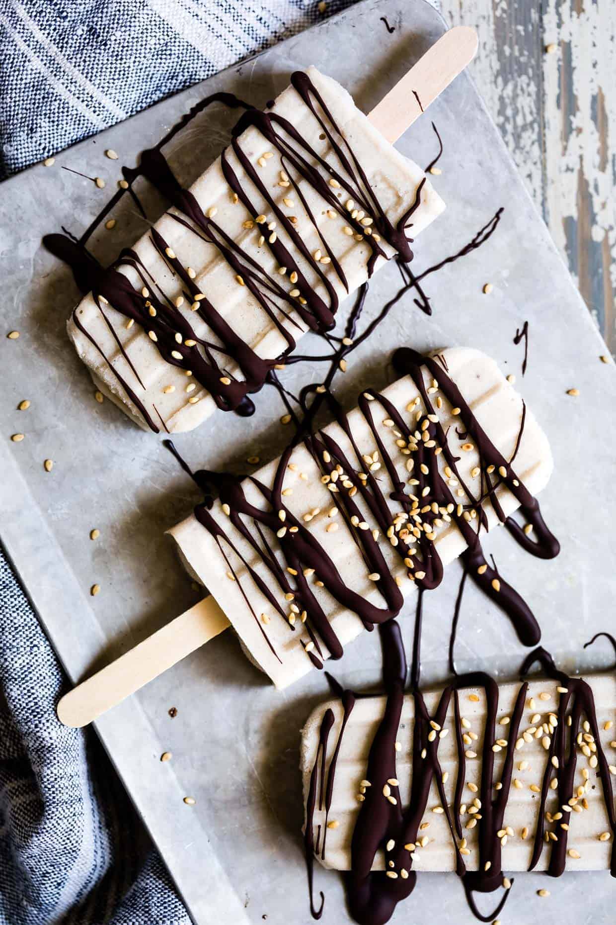 Banana Tahini Popsicles with Chocolate Drizzle