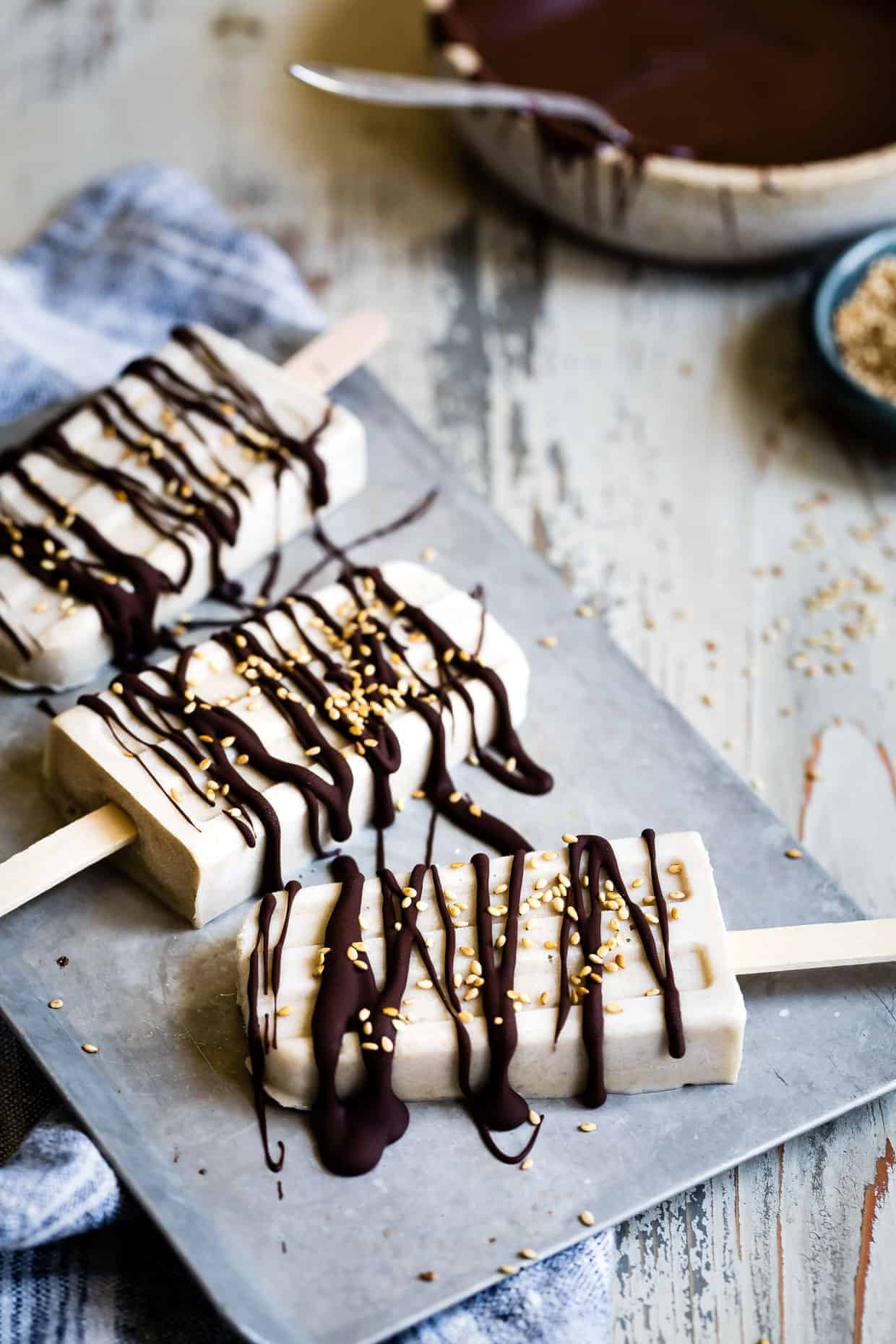 Banana Tahini Popsicles with Chocolate Drizzle