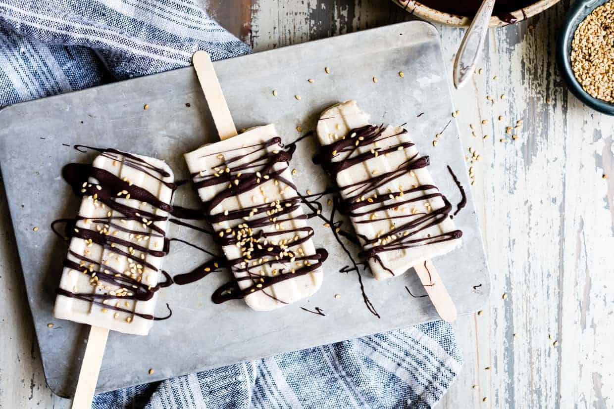 Banana Tahini Popsicles with Chocolate Drizzle