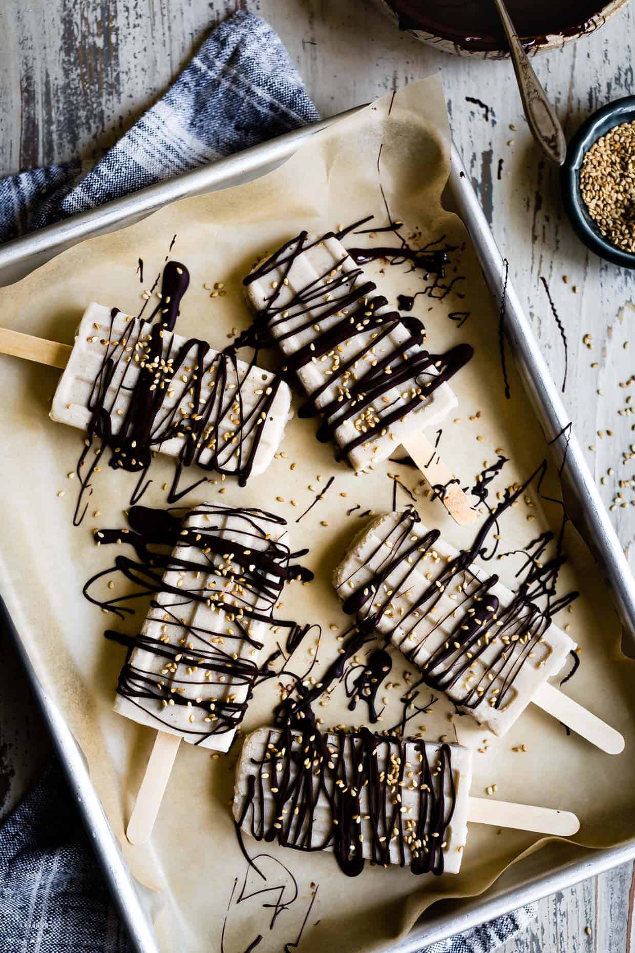 Banana Tahini Popsicles with Chocolate Drizzle