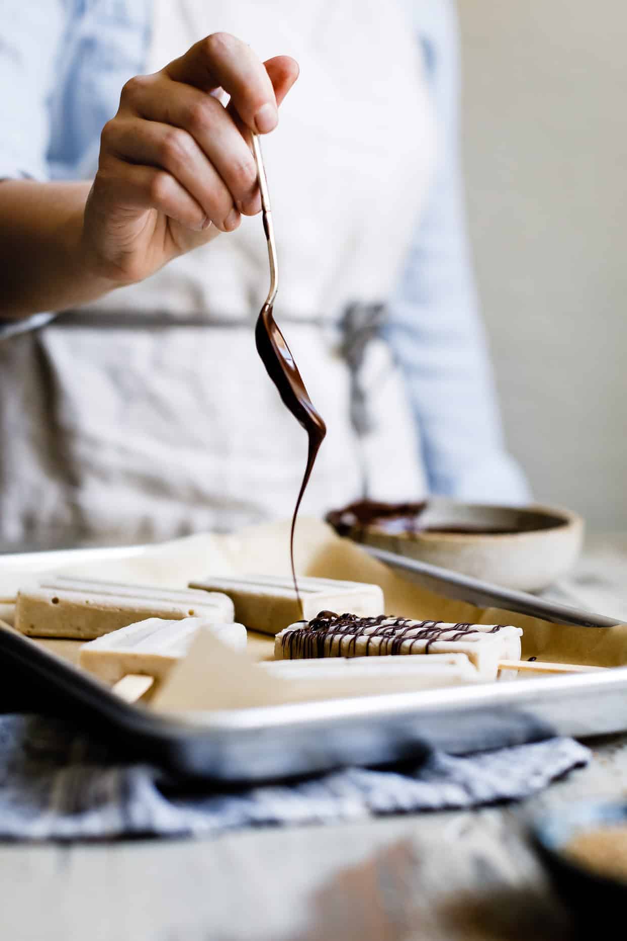 Banana Tahini Popsicles with Chocolate Drizzle