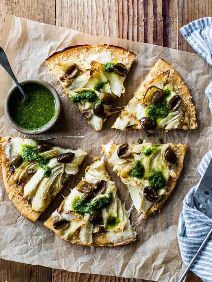 Roasted Fennel & Garlic Socca Flatbread with Olives and Mint Parsley Oil