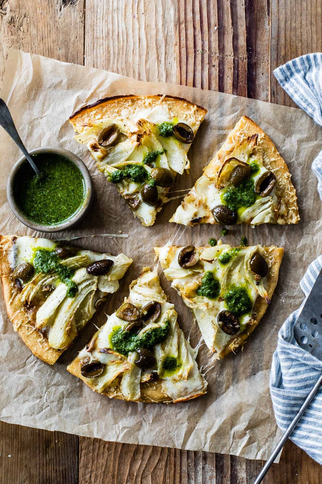 Roasted Fennel & Garlic Socca Flatbread with Olives and Mint Parsley Oil