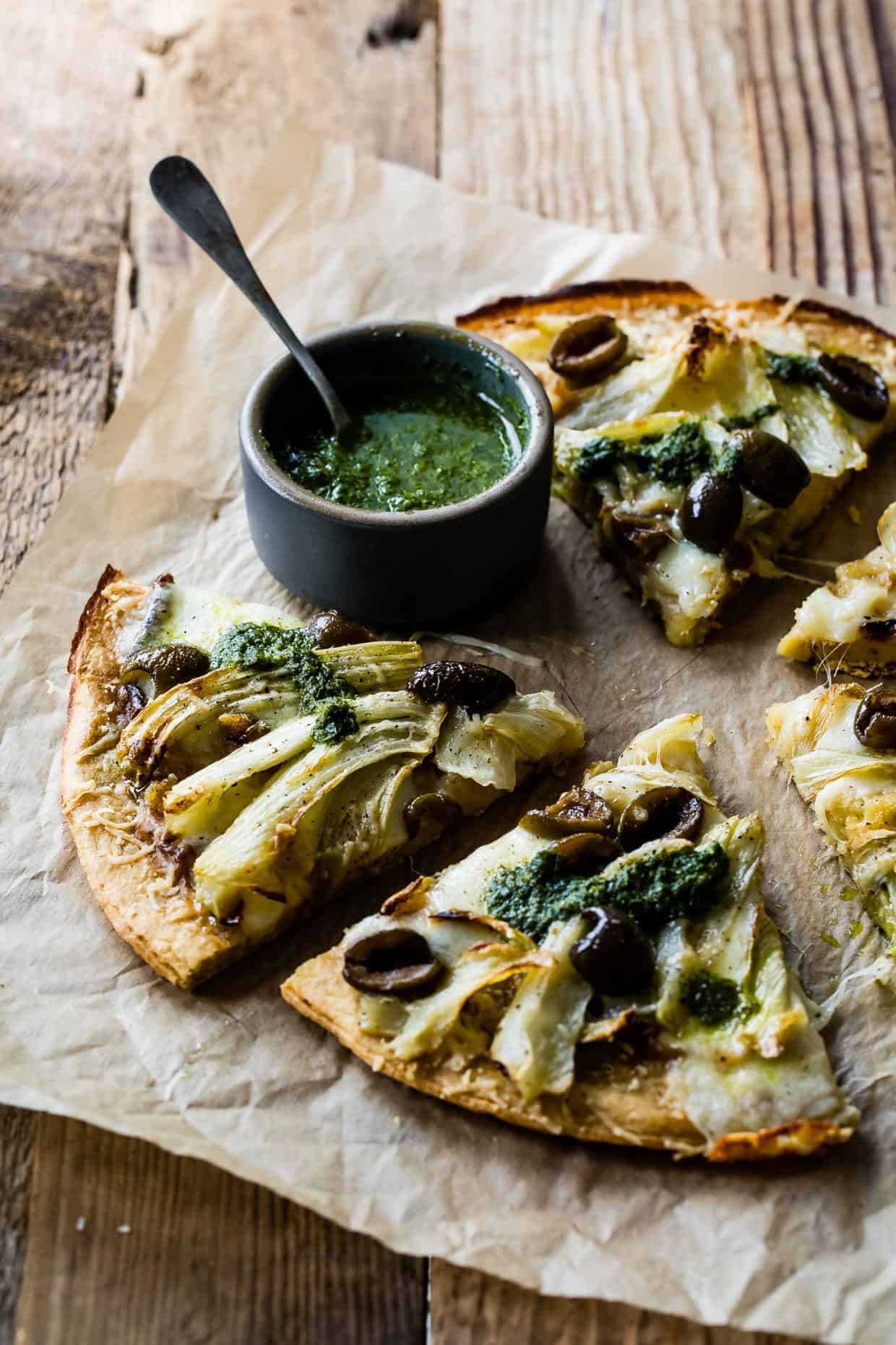 Roasted Fennel & Garlic Socca Flatbread with Olives and Mint Parsley Oil