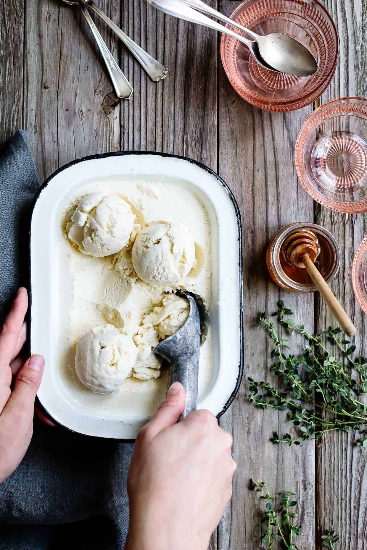 Honey and Lemon Thyme Ricotta Ice Cream with Vanilla Peaches