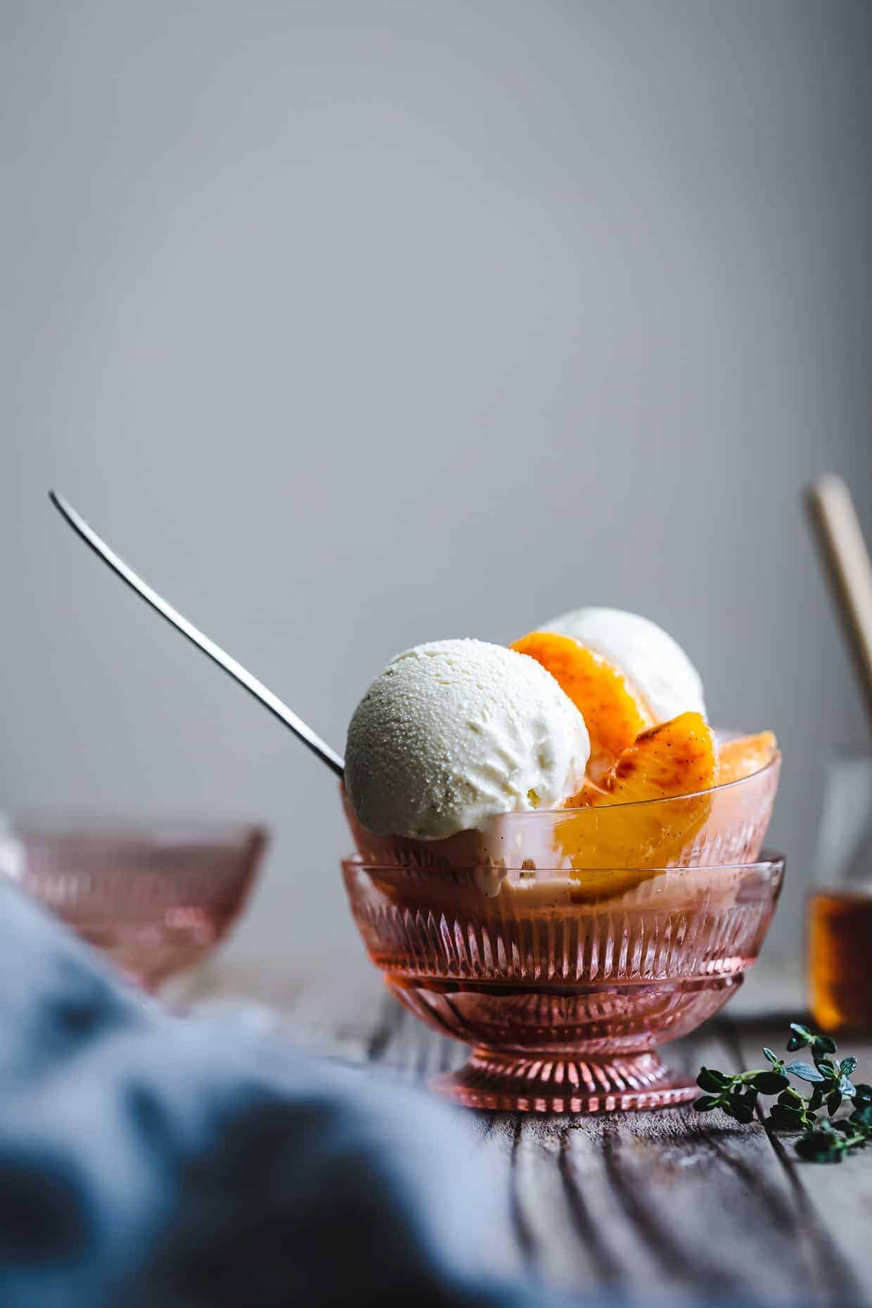 Honey and Lemon Thyme Ricotta Ice Cream with Vanilla Peaches