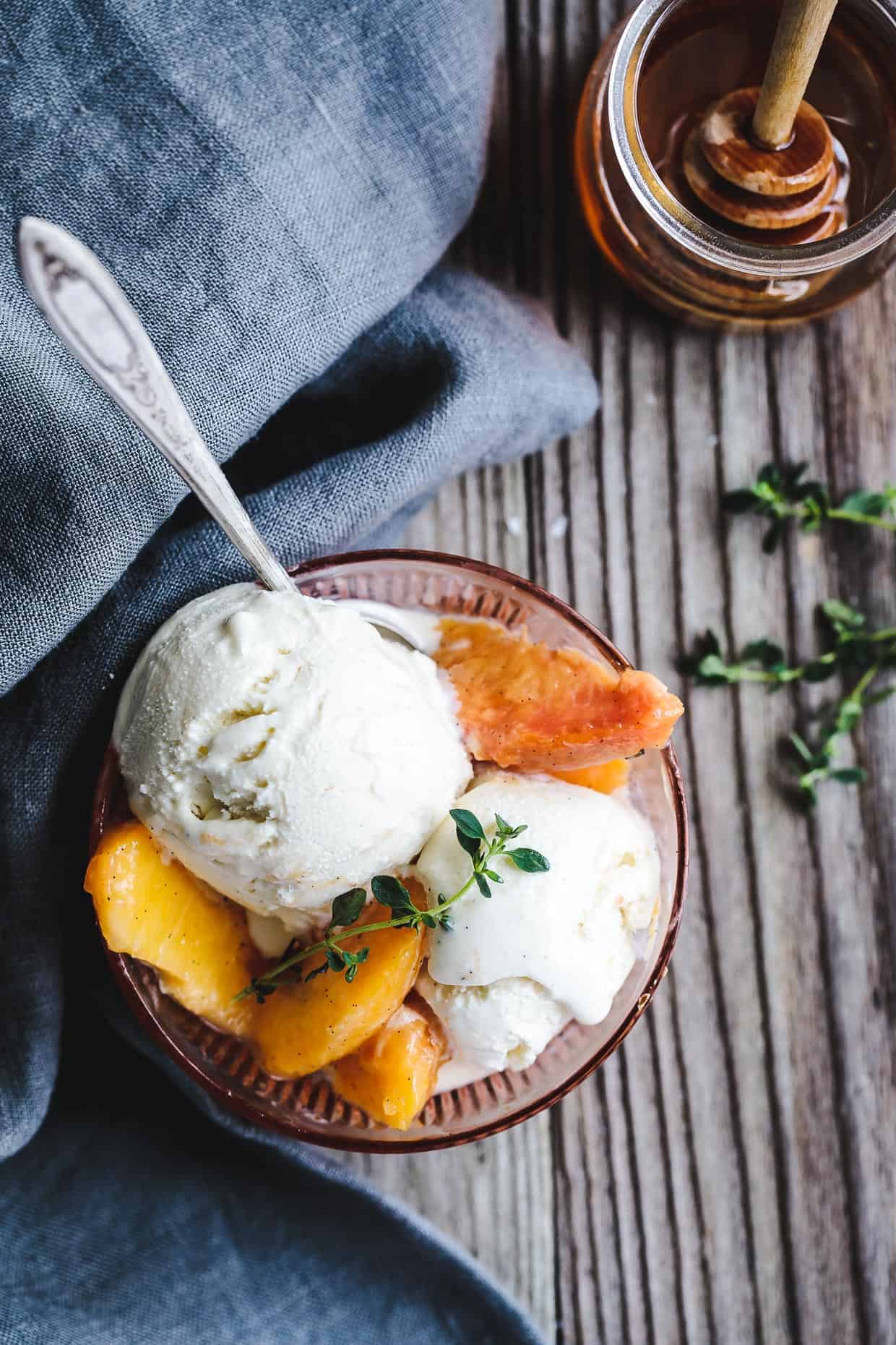 Honey and Lemon Thyme Ricotta Ice Cream with Vanilla Peaches