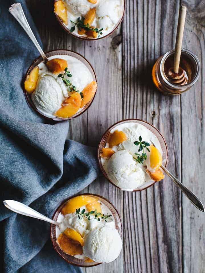 Honey and Lemon Thyme Ricotta Ice Cream with Vanilla Peaches