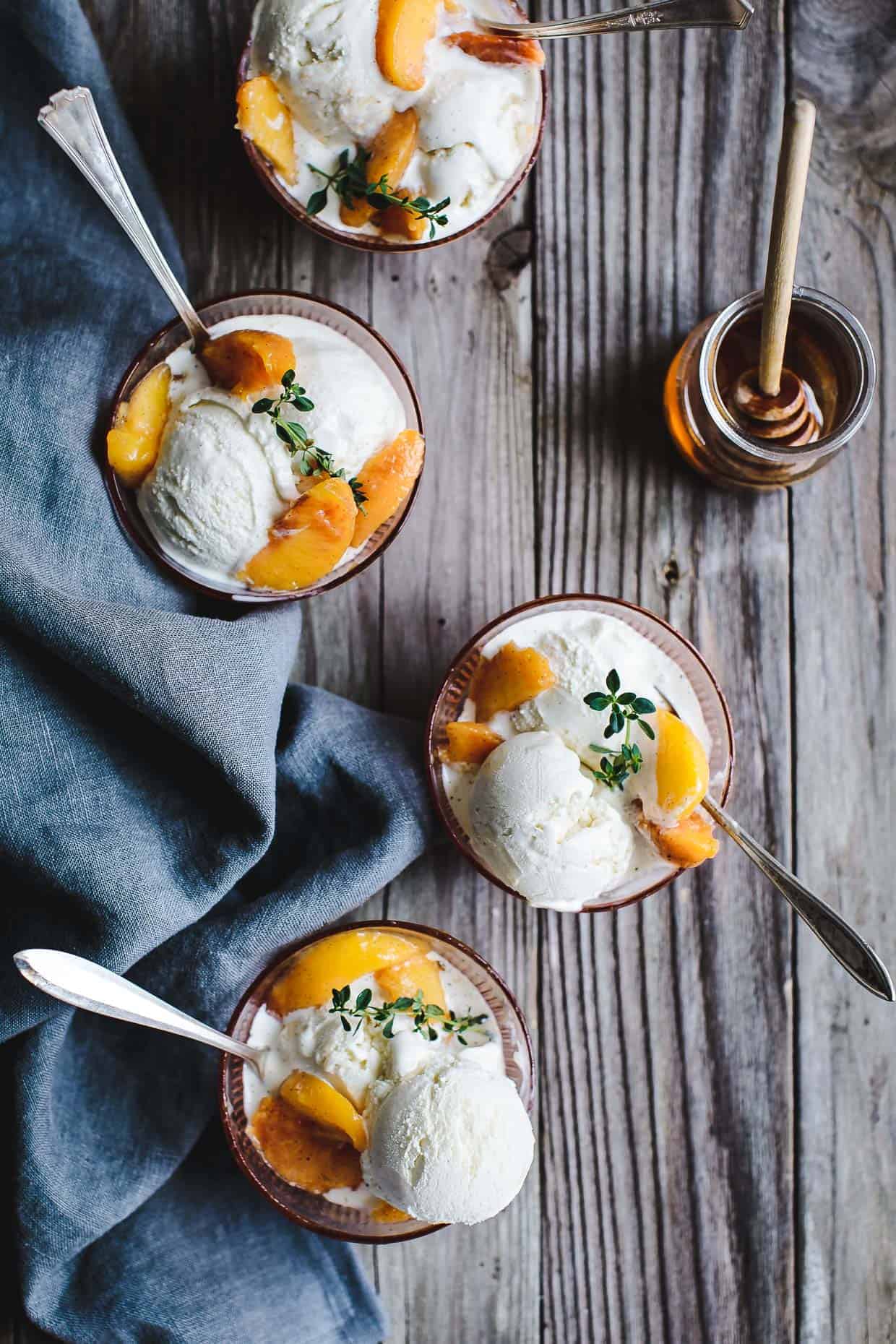 Honey and Lemon Thyme Ricotta Ice Cream with Vanilla Peaches