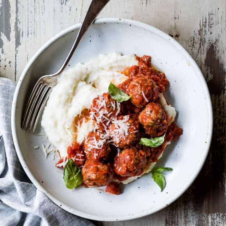 Zucchini Gouda Turkey Meatballs with Cheesy Baked Polenta