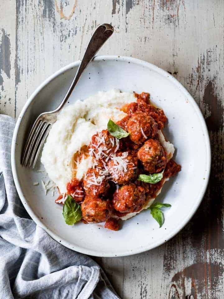 Zucchini Gouda Turkey Meatballs with Cheesy Baked Polenta