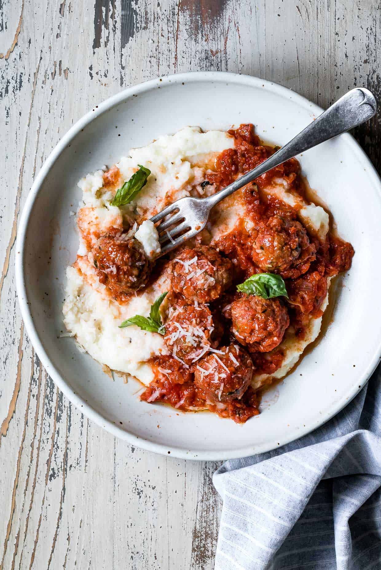 Zucchini Gouda Turkey Meatballs with Cheesy Baked Polenta