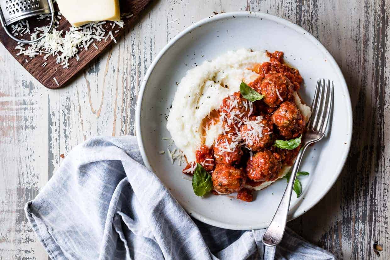 Zucchini Gouda Turkey Meatballs with Cheesy Baked Polenta