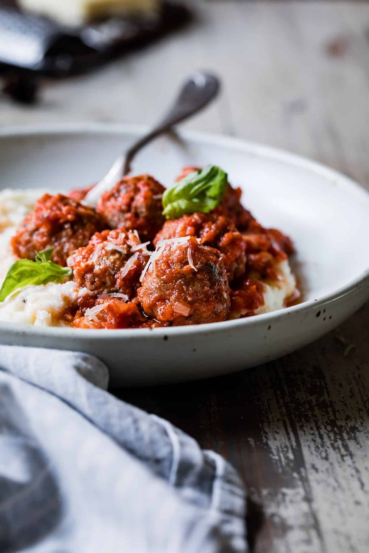 Zucchini Gouda Turkey Meatballs with Cheesy Baked Polenta