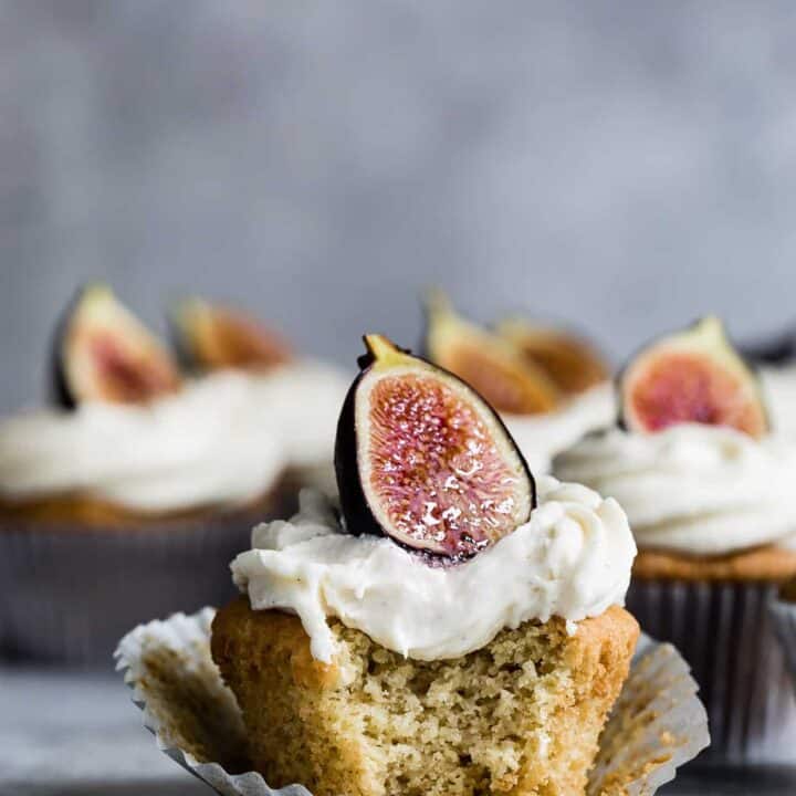 Gluten-Free Vanilla Cupcakes with Goat Cheese Frosting & Brûléed Figs
