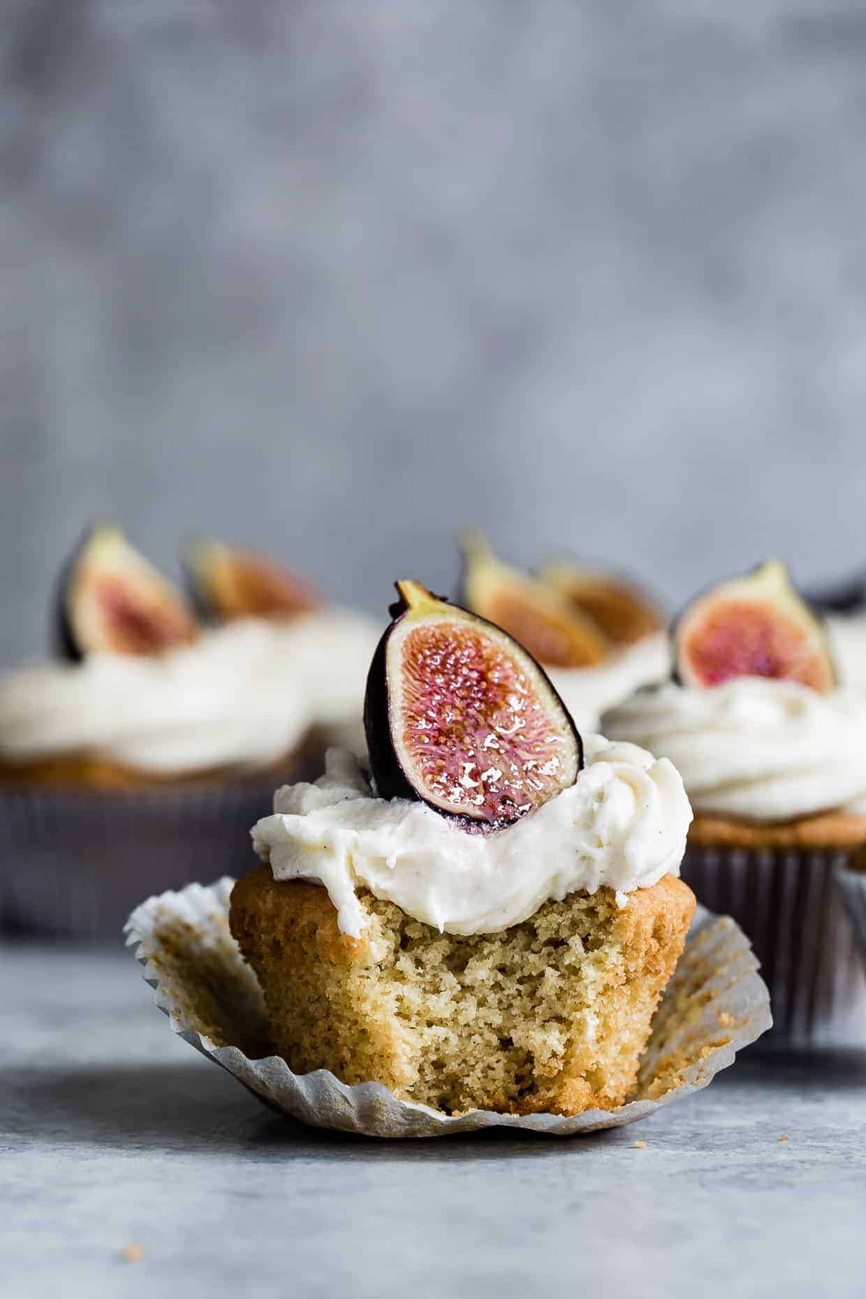 Gluten-Free Vanilla Cupcakes with Goat Cheese Frosting & Brûléed Figs