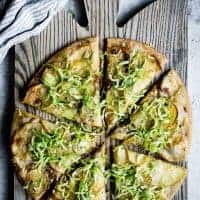 Roasted Potato Pizza with Shaved Brussels Sprout Slaw