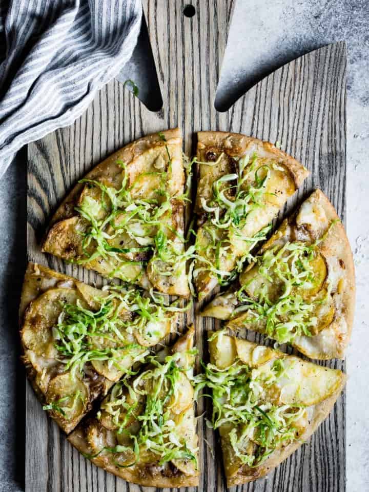 Roasted Potato Pizza with Shaved Brussels Sprout Slaw