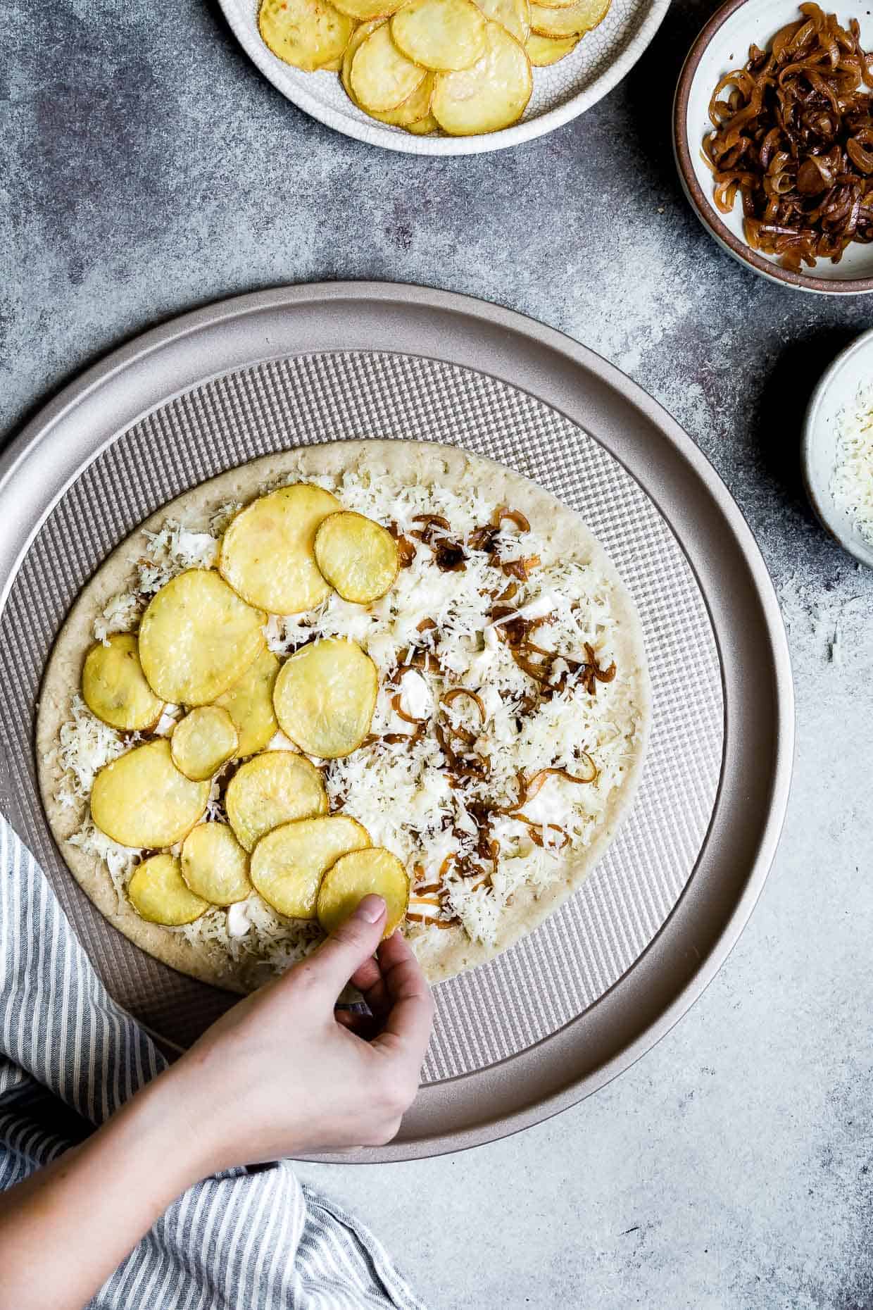 Roasted Potato Pizza with Shaved Brussels Sprout Slaw