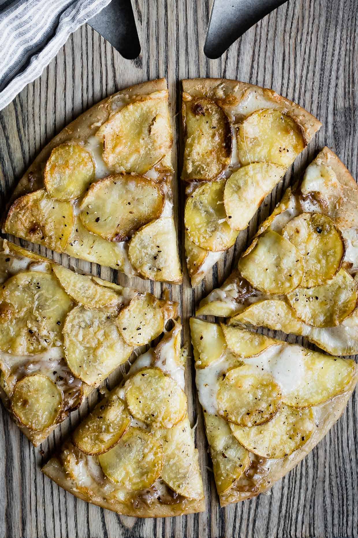 Roasted Potato Pizza with Shaved Brussels Sprout Slaw