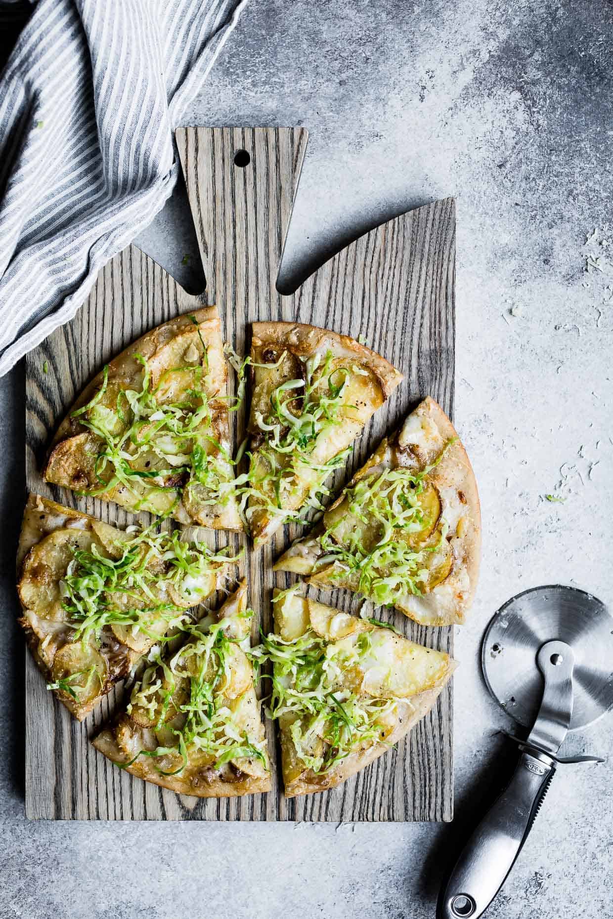 Roasted Potato Pizza with Shaved Brussels Sprout Slaw